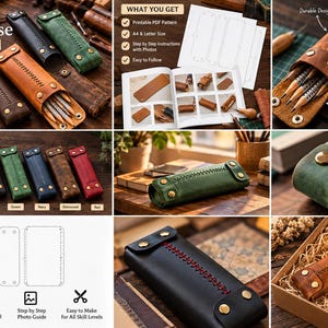 May include: A leather pencil case PDF pattern featuring A4 and letter size options, step-by-step photo instructions, and various color examples including tan, brown, black, green, navy, distressed, and red with brass hardware.