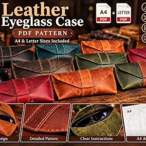 Op de afbeelding: Een digitaal PDF-patroon voor een leren brillenkoker, met meerdere afgewerkte kokers in diverse kleuren zoals zwart, rood, groen en bruin. De afbeelding toont de tekst Leather Eyeglass Case PDF Pattern, A4 and Letter sizes included.