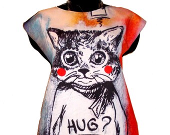 Dress With Cat Drawing Print Kitten Cheshire Colorful Print Cute Girly A-line Tunic T-shirt