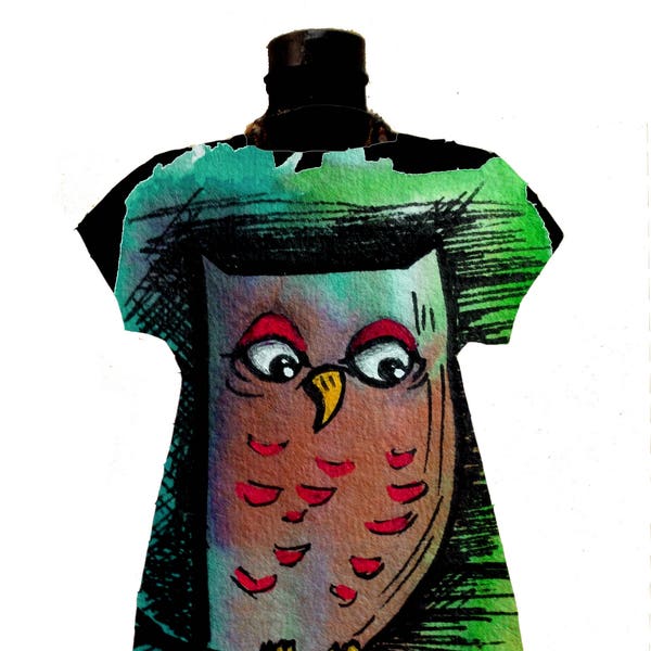 Robe Tunique Avec Hibou Imprimé Mignon Noir Vert Forêt Été Dessin Art Urbain Street Wear