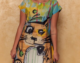 Colorful Graffiti Dress Cat Print Cartoon Urban Street Style Art Kitten Pattern