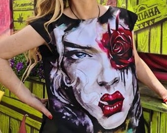 Top Blouse with GIRL WITH ROSE Art Print