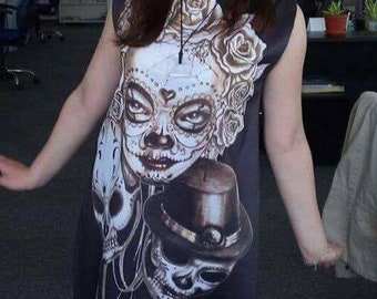 Schwarzes Kleid Tunika mit mexikanischen Sugar Skulls Print Halloween