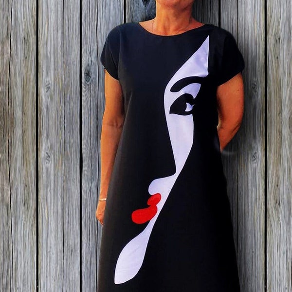 Robe avec Print Face silhouette Lèvres rouges, Robe d'art, Robe courte élégante - tunique