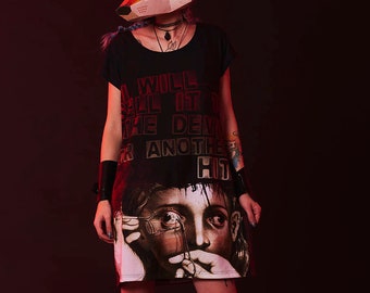 Black And Red Short Dress With Original Art Print Horror Face Gothic Dark Halloween