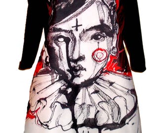 Black And Red Shift Dress With Colorful Art Print Harlequin Devil Demon Clown Gothic