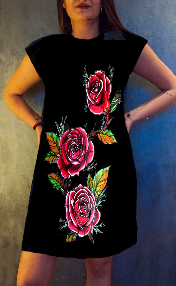 Black Shift Dress With Red Roses Art Print Spring Dress
