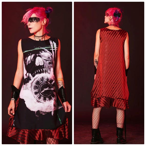 black and red skull dress Black Shift Dress With Skull Print And Red Silk