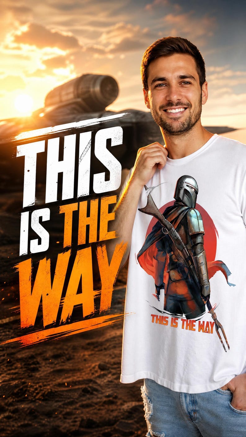 Op de afbeelding: Wit t-shirt met een afbeelding van een personage in harnas met een wapen, met de tekst "THIS IS THE WAY". De achtergrond toont een zonsondergang en een ruimteschip. De persoon glimlacht.