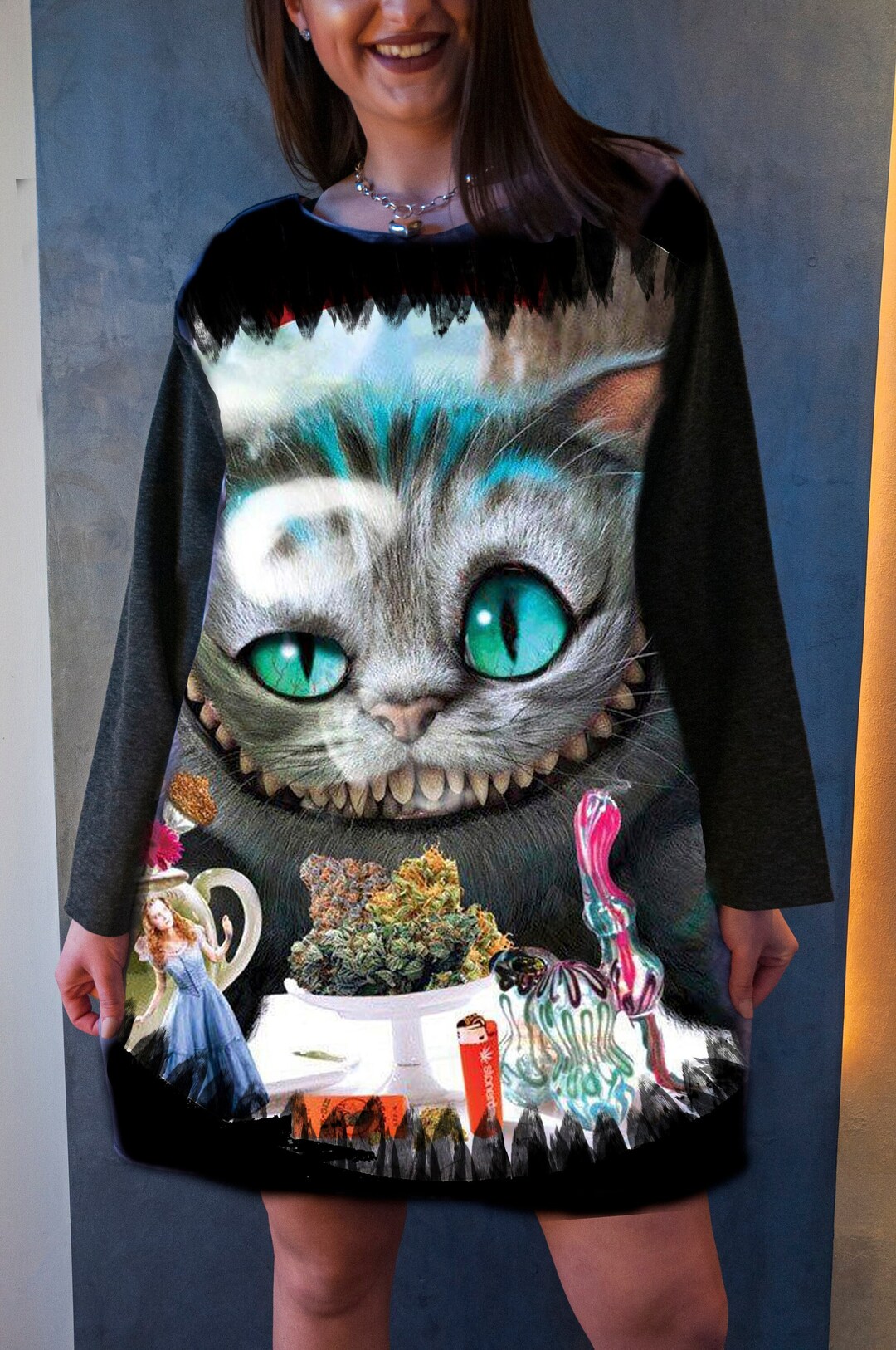 Alice in Wonderland Tunic Cheshire Cat Black Dress With Print - Etsy