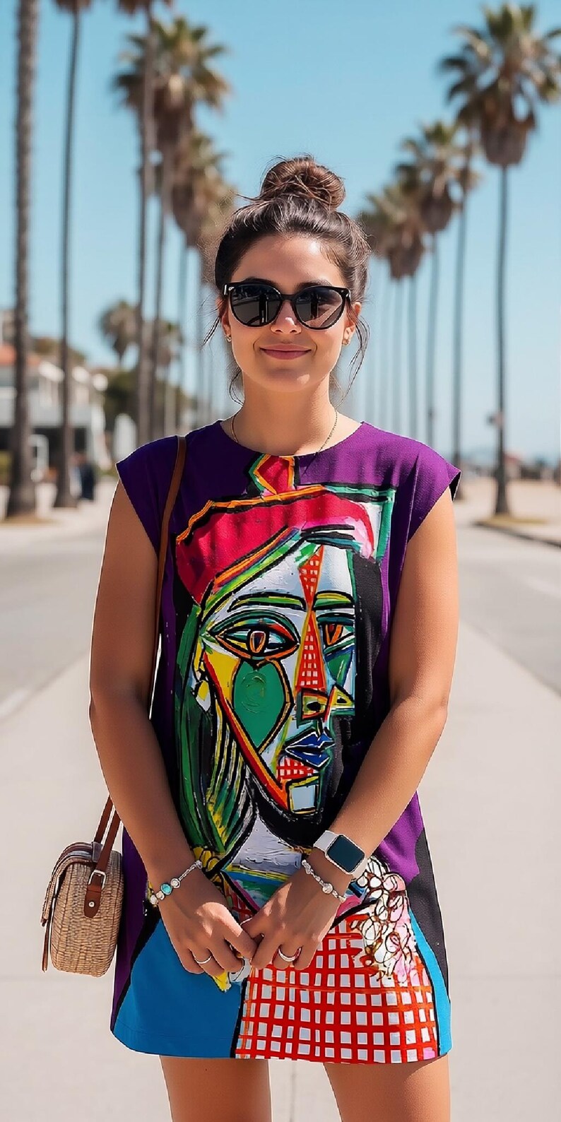 May include: A purple sleeveless dress featuring a vibrant, multi-colored abstract face graphic on the front. The design includes bold geometric shapes in red, blue, green, and yellow, with a grid pattern at the hem and a round neckline.