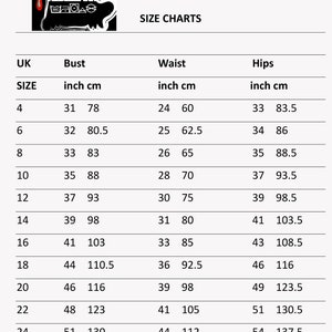 May include: A size chart for Rebellyann clothing featuring a black and white graphic of a rabbit-like character with red and pink paint splatters. The table lists UK sizes 4 through 30 with corresponding bust, waist, and hip measurements in inches and cm.