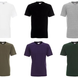 May include: A collection of six short-sleeved t-shirts in various solid colors: white, black, gray, olive green, purple, and dark green. Each shirt has a crew neck and a tag at the neckline.