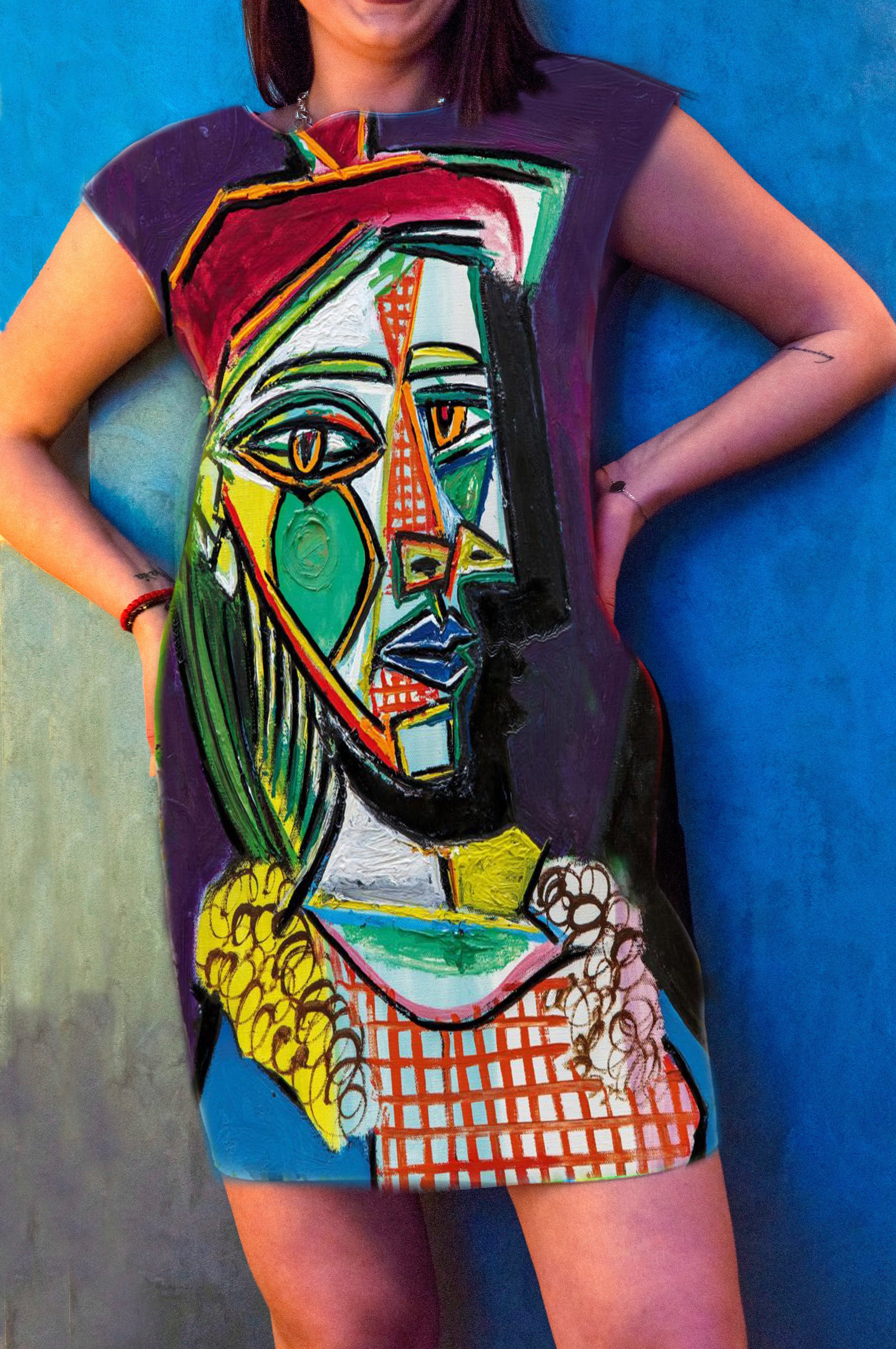 Woman With Beret and Checkered Dress, Picasso, Modern Art Painting
