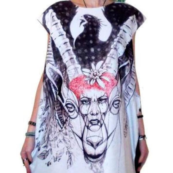 Black And White Dress Tunic With Original Art Print Capricorn Christmas