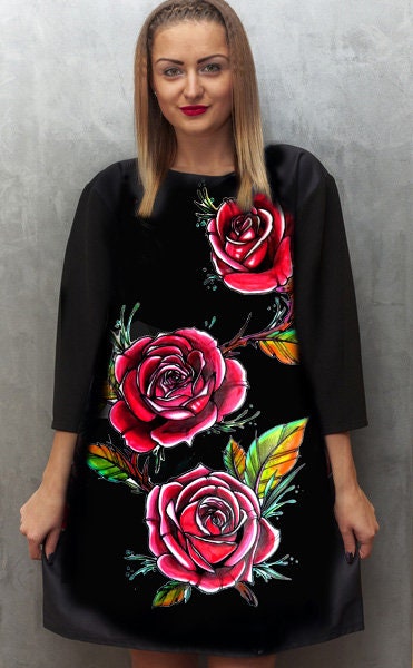 black dress red roses print Black Lace Embroidered Mini Dress - All Dresses