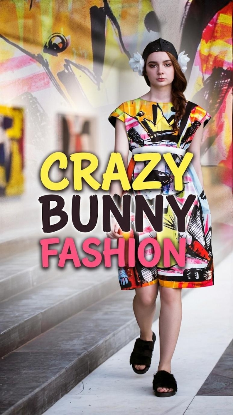 Może przedstawiać: Kobieta w kolorowej sukience we wzory z napisem "CRAZY BUNNY FASHION". Sukienka ma wz&oacute;r korony i biały pasek. Ma na sobie czarne sandały i czarny kapelusz z białymi kwiatami.