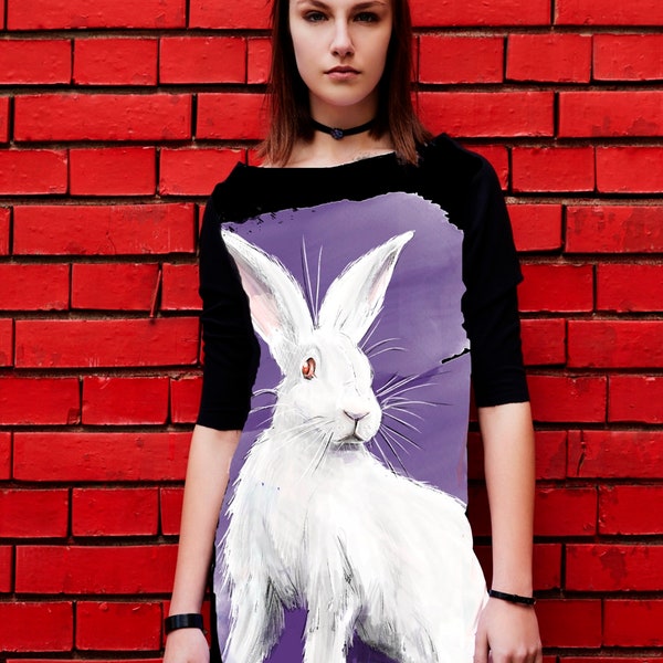 White Rabbit Dress Tunic T-shirt Purple Violet Original Art Print Drawing Girly 2023 year of rabbit