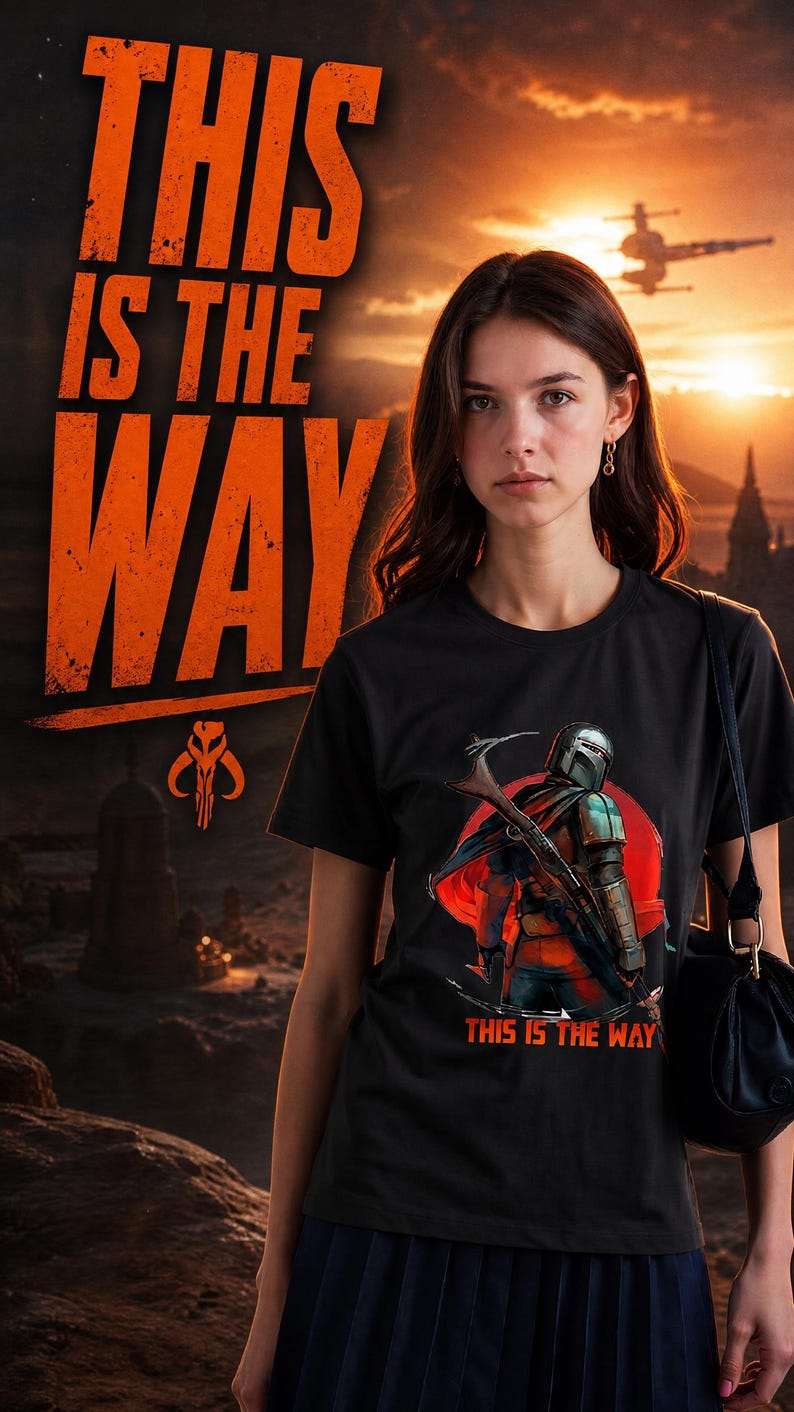 Op de afbeelding: Zwart t-shirt met de tekst "THIS IS THE WAY" in oranje. Het shirt heeft een afbeelding van een personage met een wapen en dezelfde zin. De achtergrond toont een zonsondergang en een ruimteschip.