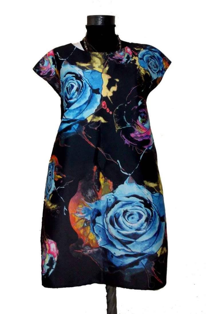 Floral Print Dress: Handcrafted Blue Red Roses Pattern, Formal Eco Dress