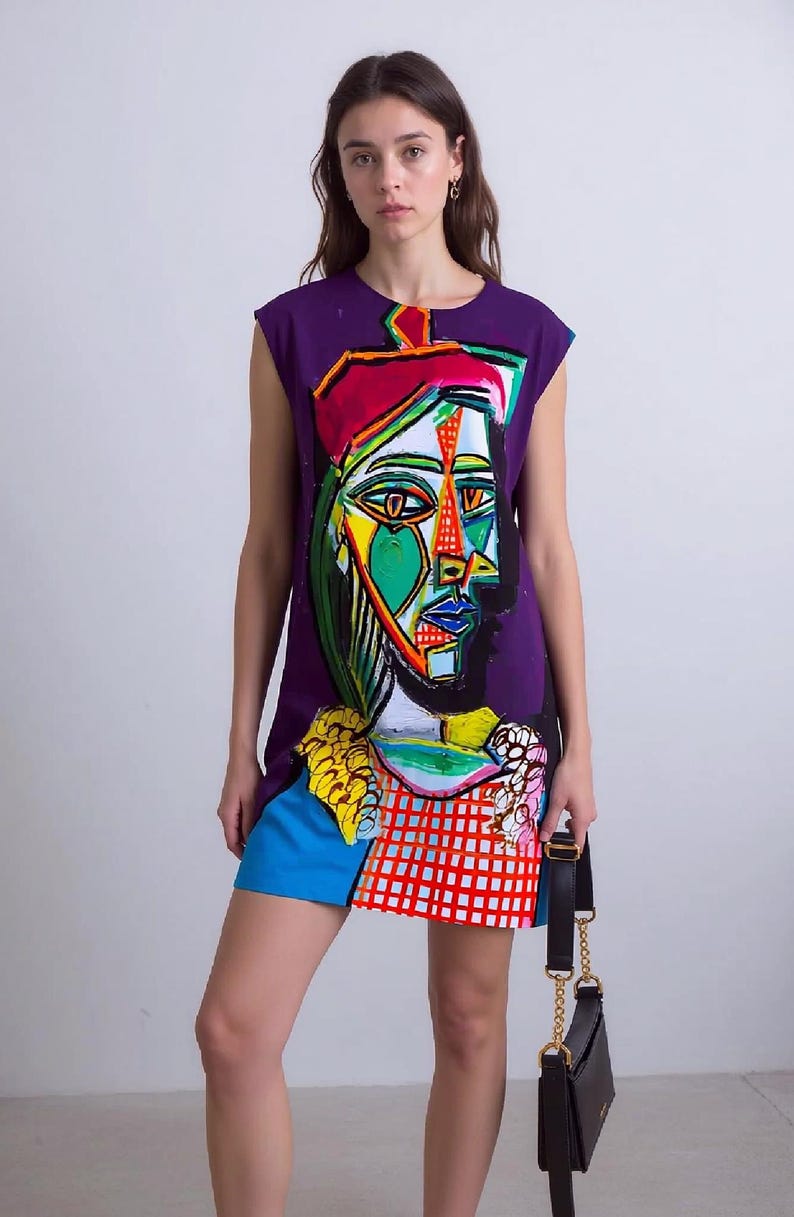May include: A sleeveless purple mini dress featuring a large, colorful, abstract cubist-style portrait print on the front. The design incorporates vibrant shades of green, red, orange, and blue with a checkered pattern at the hem and a black handbag.