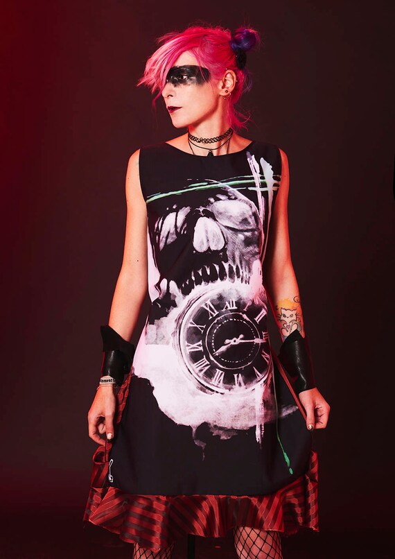 red and black skull dress Red & Black Flocked Filigree Skull Dress