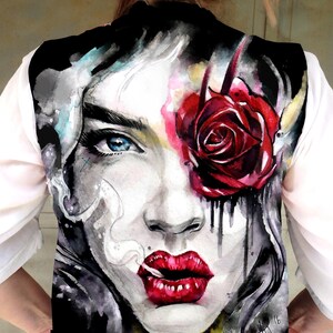 Vest With Colorful Print Face With Rose Watercolor, Gothic Vest, Black Vest, Black Leather