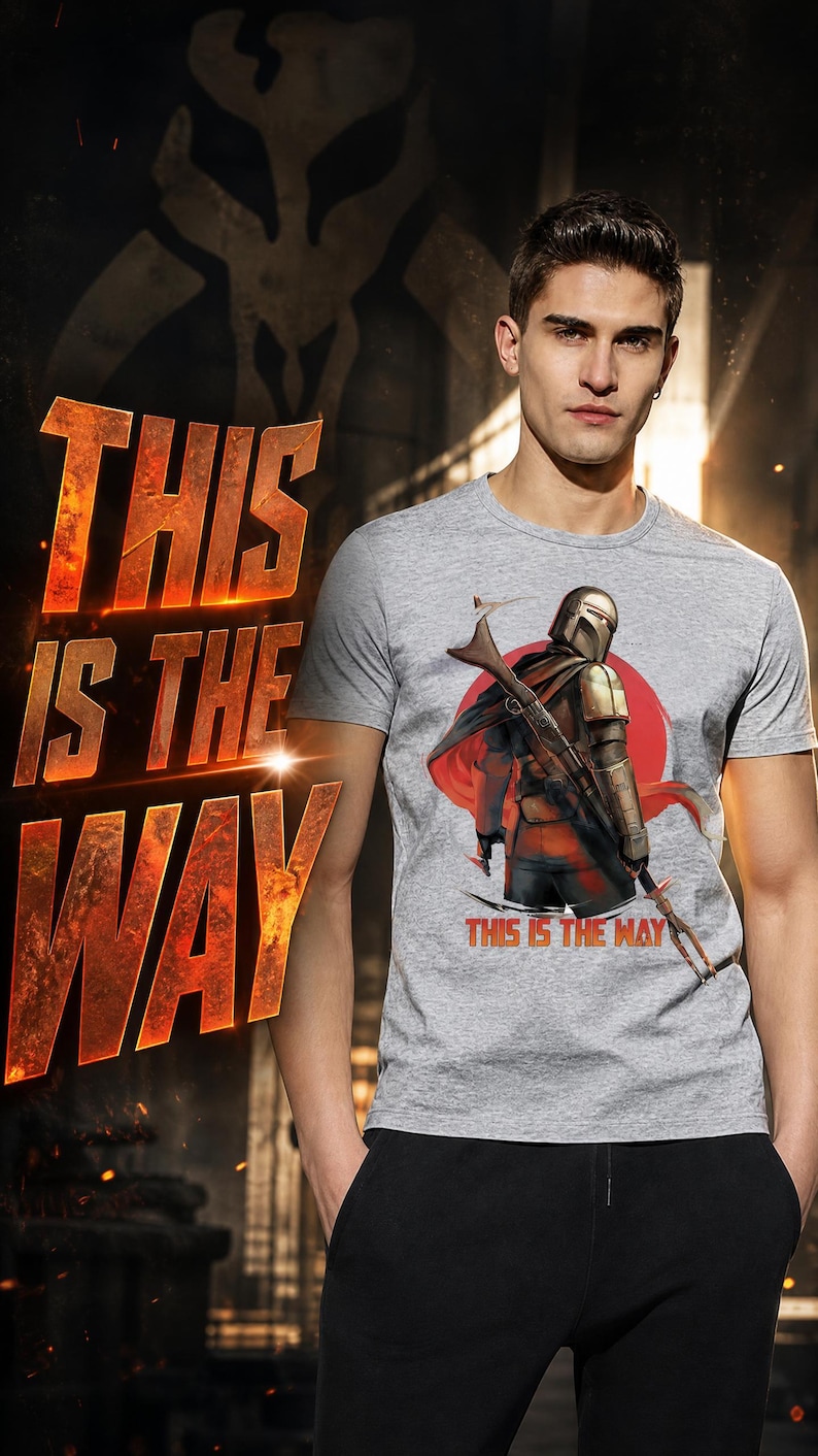 Op de afbeelding: Grijs t-shirt met een afbeelding van een personage met helm en wapen, tegen een rode cirkel. De tekst "THIS IS THE WAY" staat op het shirt en op de achtergrond.