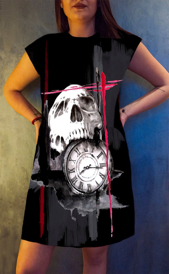 Skull Art Print Halloween Dress: Gothic Horror A-Line Skull Art Print Halloween Dress: Gothic Horror A-Line