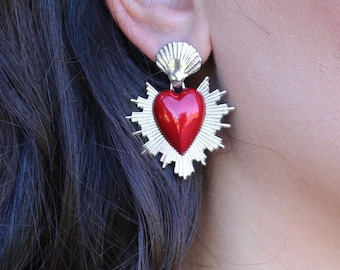 Mexican Earrings (Flaming Heart Earrings Tin Kahlo Frida Earrings Milagro Earrings Sacred Heart Hojalata Red Valentines Day Earrings)