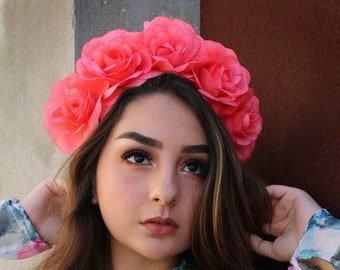 Coral Pink Flower Crown Headband (Bridal Headpiece Bridesmaids Boho Wedding Mexican Floral Crown Wreath Day of the Dead Adult Garden Party)