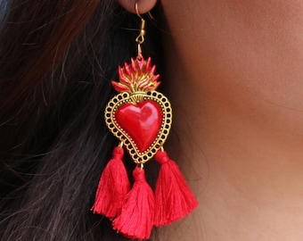 Mexican Earrings (Flaming Heart Earrings Tin Kahlo Frida Earrings Milagro Earrings Sacred Heart Hojalata Red Valentines Day Earrings)
