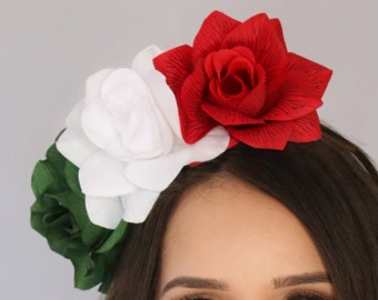 SIDE Mexican Flag Rose Flower Crown Red White Green Rose Headband Fiesta Mexican Day of the Dead Floral Crown Cinco De Mayo Frida Kahlo