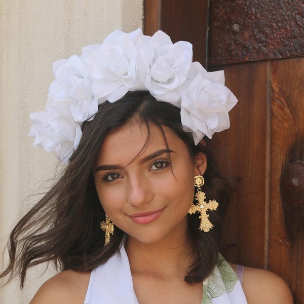 White Rose Flower Crown Headband (Headpiece Bridal Flower Crown Bride Bridesmaids Bachelorette Party Boho Wedding Music Festival Adult)