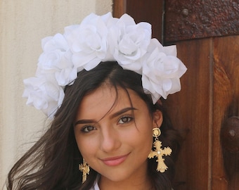 White Rose Flower Crown Headband (Headpiece Bridal Flower Crown Bride Bridesmaids Bachelorette Party Boho Wedding Music Festival Adult)