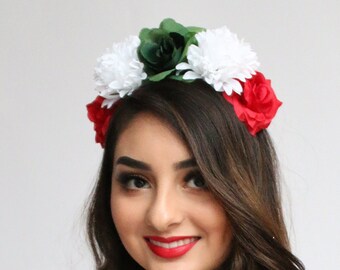 Red White Green Flower Crown Cinco de Mayo Costume Child Mexican Flag Headpiece Flower Crow Birthday Party Toddler Frida Kahlo Halloween