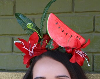 Watermelon Strawberry Fruit Crown   (Amaryllis Daisies Hibiscus Island Ocean Cruise Plumeria Tropical Hawaiian Paradise Carmen Red Mermaid)