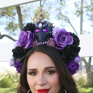Purple and Black Flower Crown Headband Black Glitter Skull (Costume Day of the Dead Wreath Halloween Sugar Skull Día Muertos Skeleton)