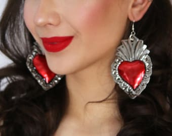 Mexican Heart Earrings Frida Kahlo Flaming Heart Dramatic Earrings Fiesta Cinco De Mayo Milagros Earrings Mexican Tin Love Mexican Folk Art