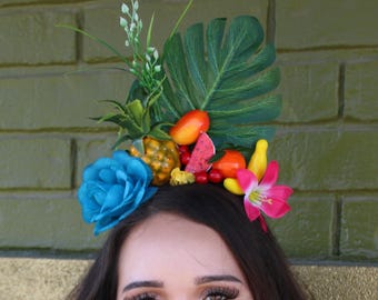 Pineapple Tropical Fruit Crown Luau (Pink/Yellow Flowers Island Ocean Cruise Tropical Hawaiian Paradise Carmen Mermaid Tiki
