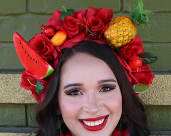 Pineapple Tropical Fruit Crown Luau (Pink/Yellow Flowers Island Ocean Cruise Tropical Hawaiian Paradise Carmen Mermaid Tiki