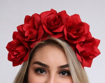 Red Rose Flower Crown Red Rose Headband Fiesta Rose Crown Mexican Wedding Bride Day of the Dead Floral Crown Frida Kahlo Red Flower Headband