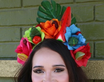 Pineapple Tropical Fruit Crown Luau (Pink/Yellow Flowers Island Ocean Cruise Tropical Hawaiian Paradise Carmen Mermaid Tiki