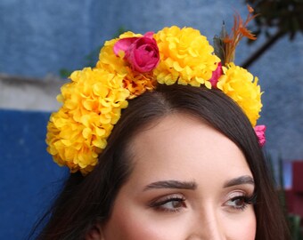 Marigold Flower Crown Cinco de Mayo Costume Child Mexican Headpiece Girls Flower Crow Birthday Party Sugar Skull Toddler Frida Kahlo Crown