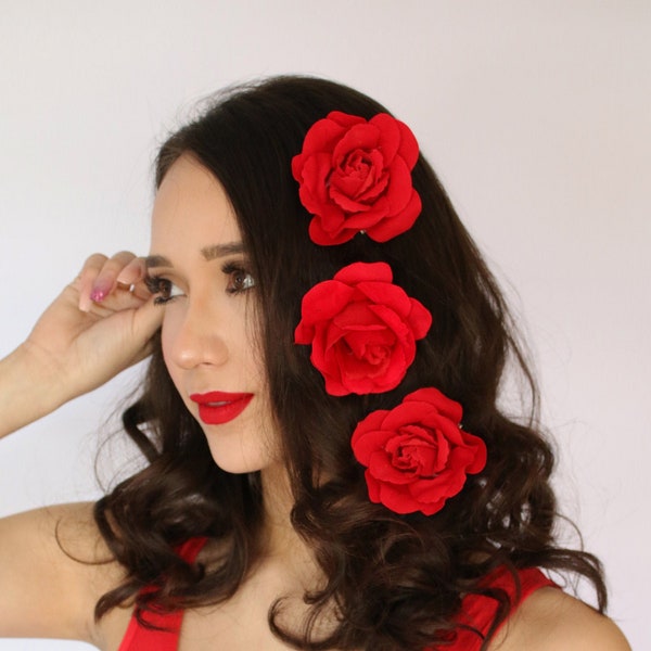 Small Red Rose Hair-Clip Wedding Hair Flower Realistic Flower Hair Fascinator Red Wedding Rose Hair Piece Bride Bridal Rose 50's Hair Flower