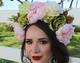 Pink Peonies Green Rose Flower Crown Headband Fiesta Rose Crown Mexican Wedding Bride Day of the Dead Floral Crown Frida Kahlo Peoney Flowe