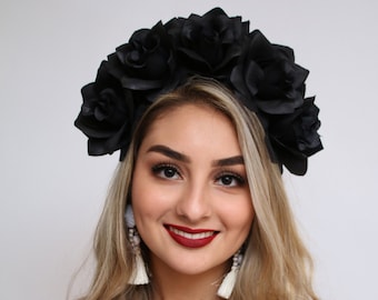 Black Rose Flower Crown Goth Festival Black Flower Crown Black Rose Headband Black Floral Headpiece Rose Crown Flower Crown Bohemian Fashion