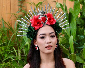 Spike Sacred Heart Rose Flower Crown (Red Rose Headband Fiesta Rose Crown Mexican Wedding Bride Day of the Dead Floral Crown Frida Kahlo)