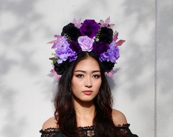 EXTRA LARGE Black Rose Flower Crown Goth Festival Black Flower Crown Black Rose Headband Black Floral Headpiece Rose Crown Flower Crown)