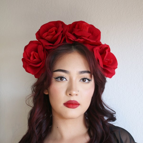 EXTRA LARGE Red Rose Flower Crown Red Rose Headband Fiesta Mexican Wedding Bride Day of the Dead Floral Crown Halloween Frida Kahlo Crown